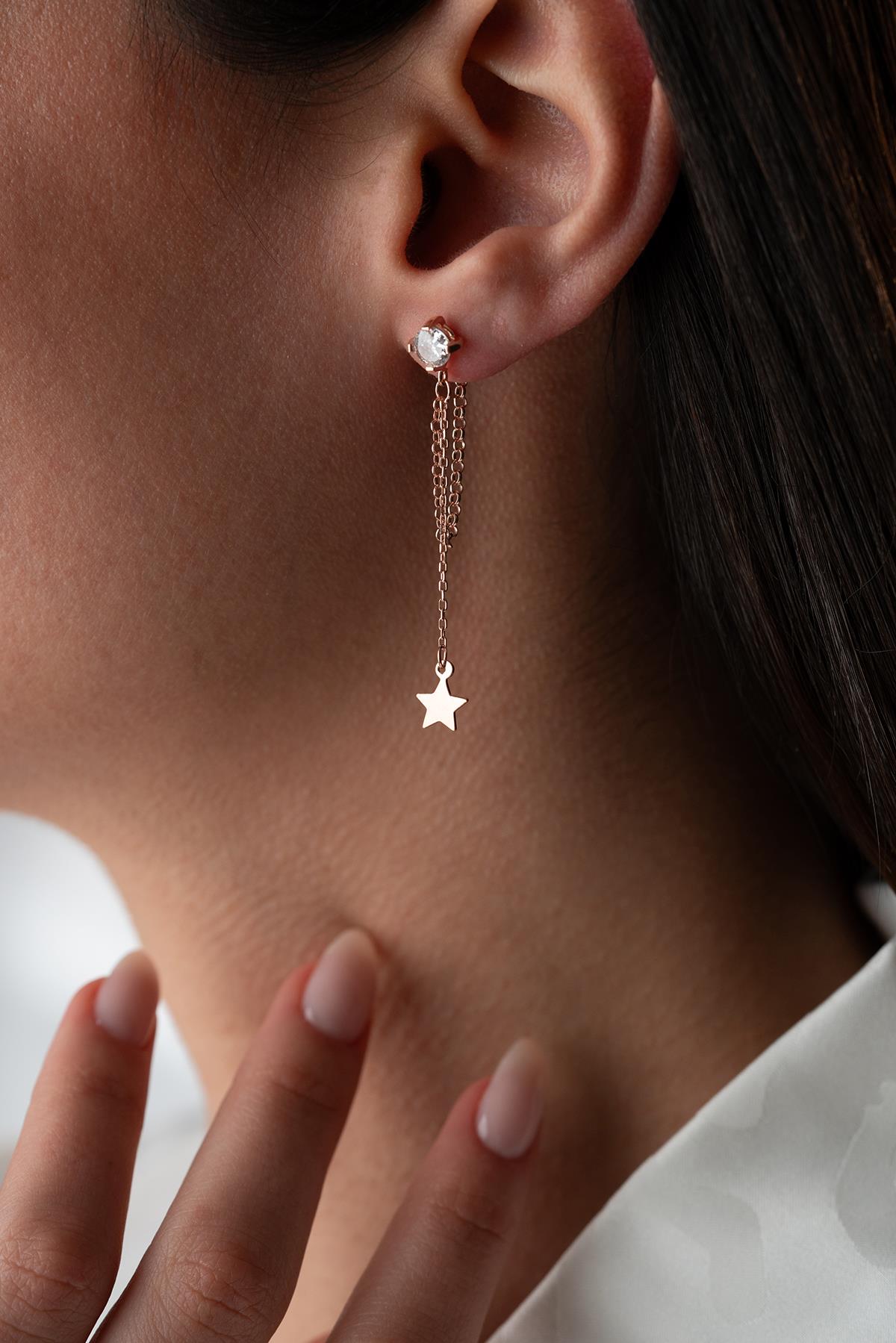 925 Ayar Gümüş Rose Kaplama 5 Mm Tektaş Sallantılı Zincir Sade Yıldız Model Küpe