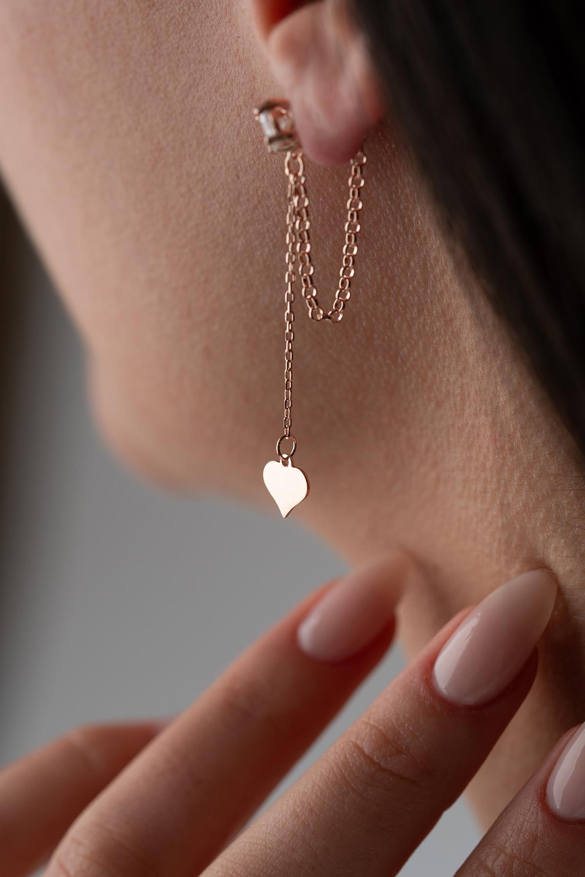 925 Ayar Gümüş Rose Kaplama 5 Mm Tektaş Sallantılı Zincir Sade Kalp Model Küpe