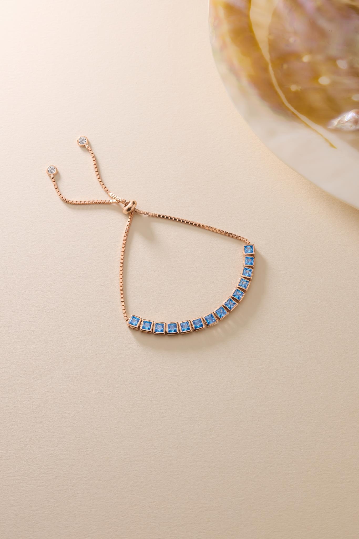 925 Ayar Gümüş Rose Kaplama Ayarlanabilir Asansörlü  Sıralı Kare Aquamarin Taşlı Bileklik