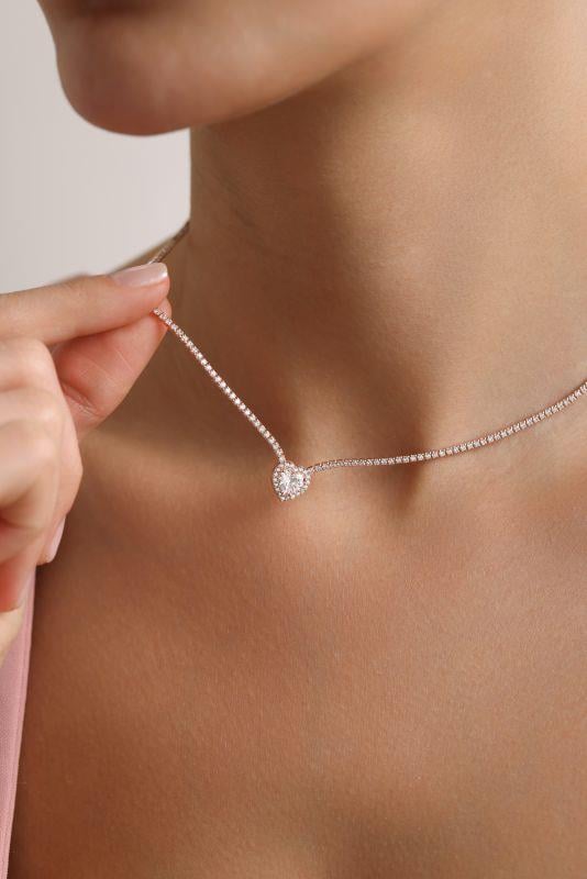 925 Ayar Gümüş Rose Kaplama Beyaz Taşlı Suyolu Kolye