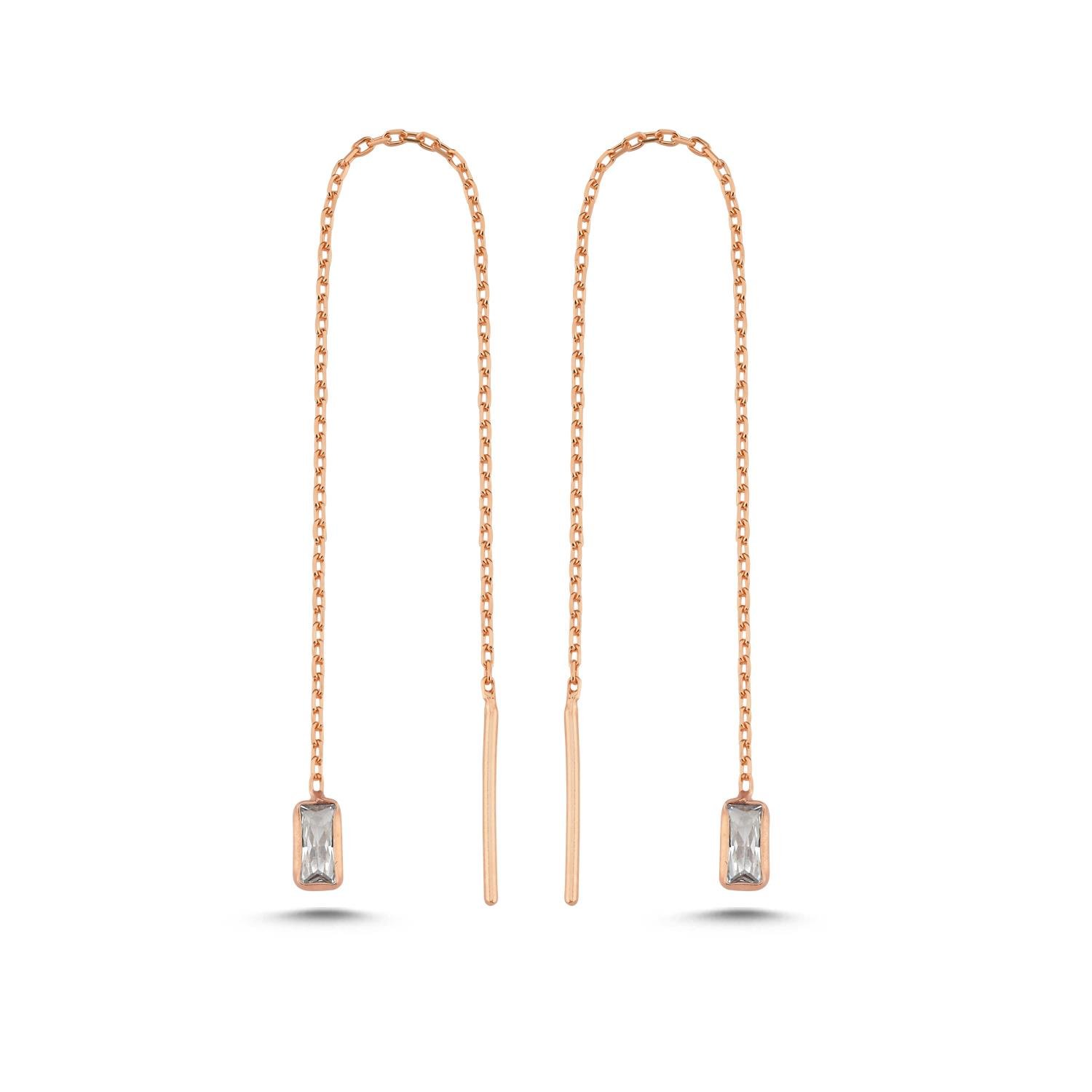 925 Ayar Gümüş Rose Kaplama Minik Baget Taşlı Zincir Küpe