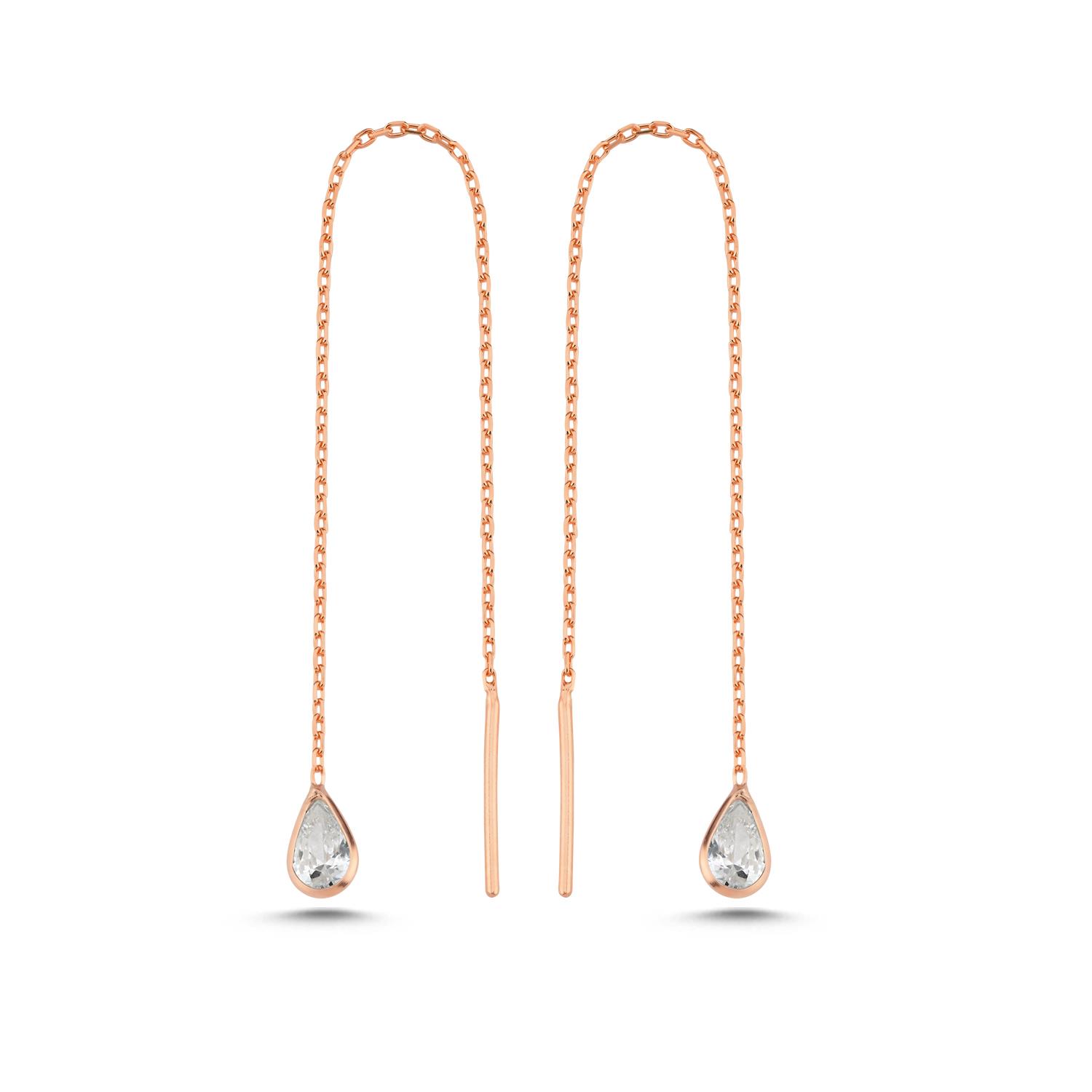 925 Ayar Gümüş Rose Kaplama Minik Damla Taşlı Zincir Küpe