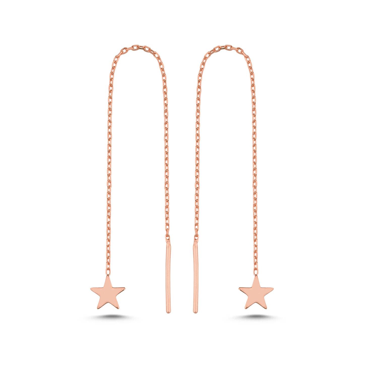 925 Ayar Gümüş Rose Kaplama Minik Yıldız Zincir Küpe