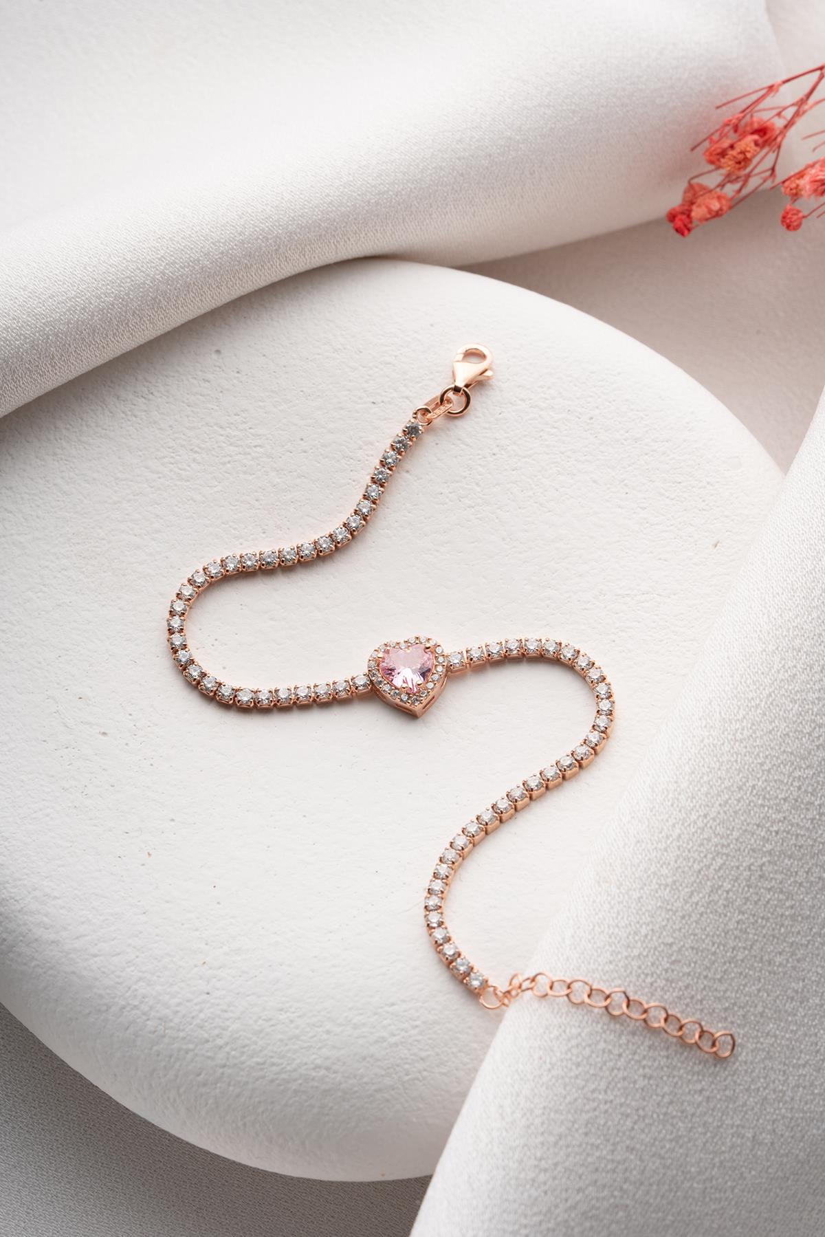 925 Ayar Gümüş Rose Kaplama Pembe Taşlı Kalp 2 mm Zirkon Taşlı Suyolu Bileklik 