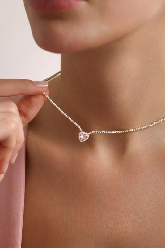 925 Ayar Gümüş Rose Kaplama Pembe Taşlı Suyolu Kolye
