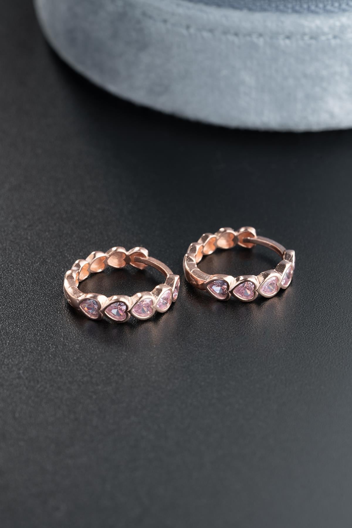 925 Ayar Gümüş Rose Kaplama Pembe Taşlı 15 mm Tamtur Kalp Model Küpe