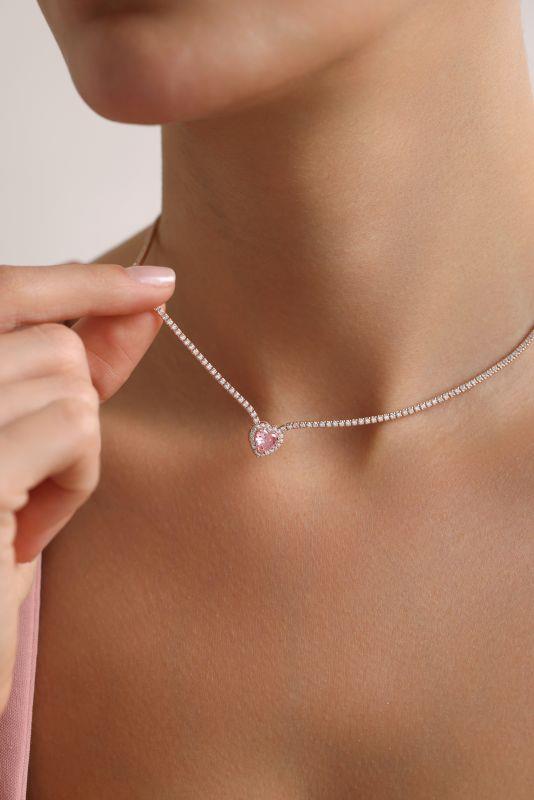 925 Ayar Gümüş Rose Kaplama Pembe Taşlı Suyolu Kolye