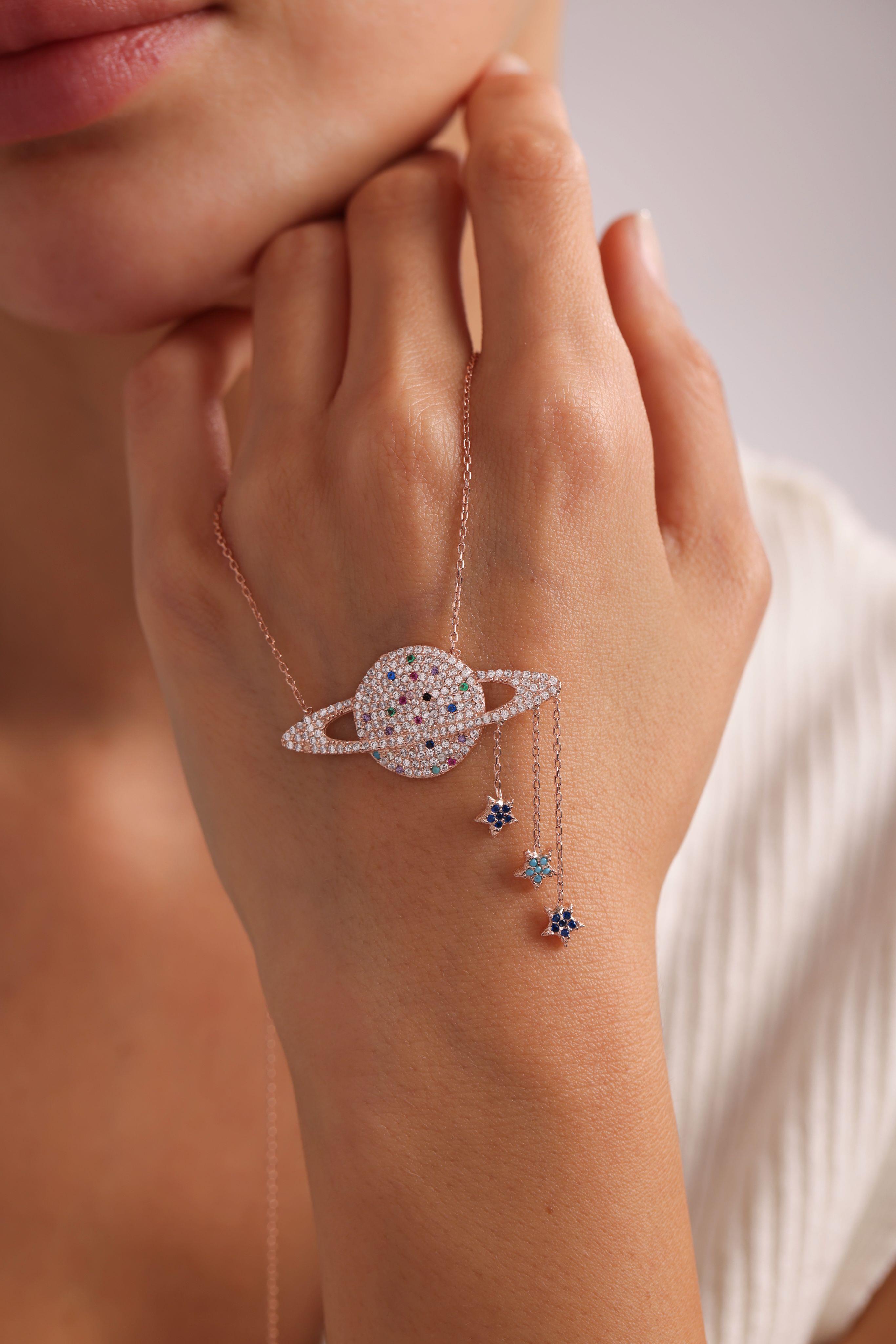 925 Ayar Gümüş Rose Kaplama Sallantı Yıldızlı Gezegen Kolye