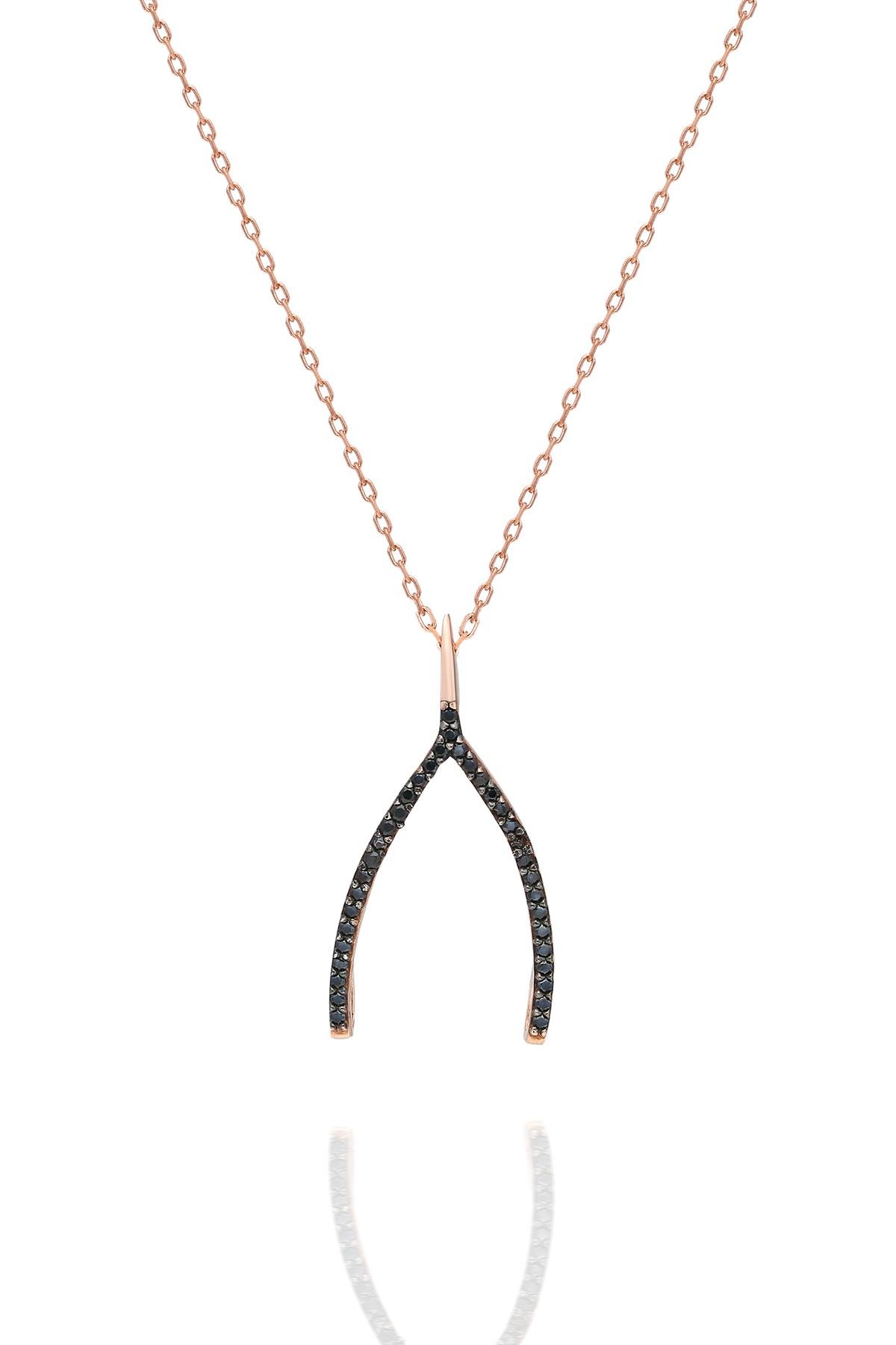 925 Ayar Gümüş Rose Kaplama Siyah Taşlı Lades Kolye