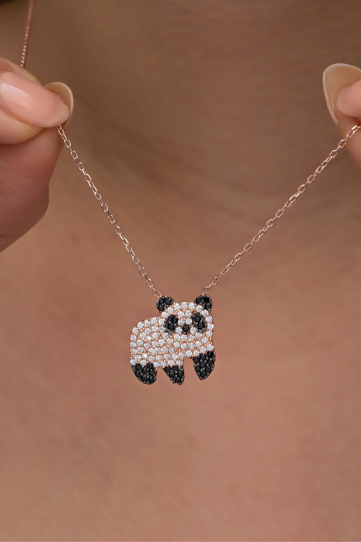 925 Ayar Gümüş Rose Kaplama Zirkon Taşlı Panda Kolye