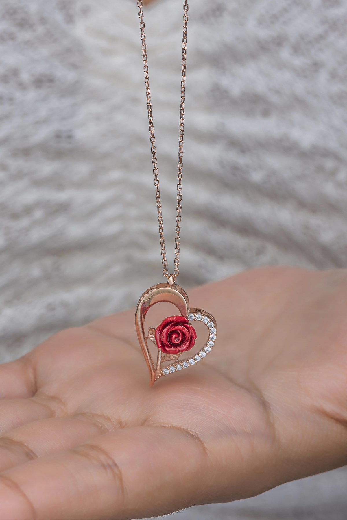 925 Ayar Gümüş Rose Kırmızı Gül Kalp Kolye