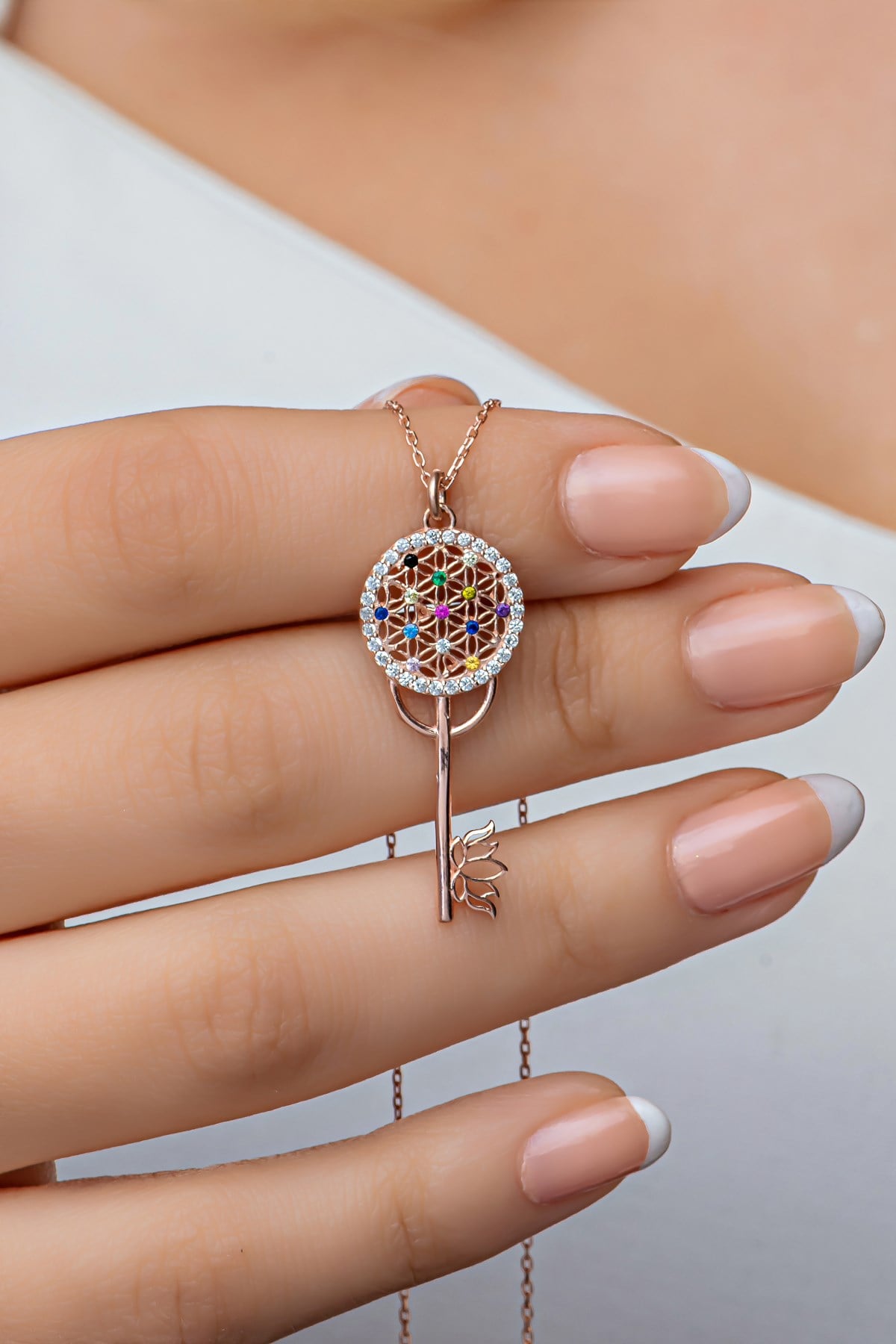 925 Ayar Gümüş Rose Mix Taşlı Anahtar Kolye