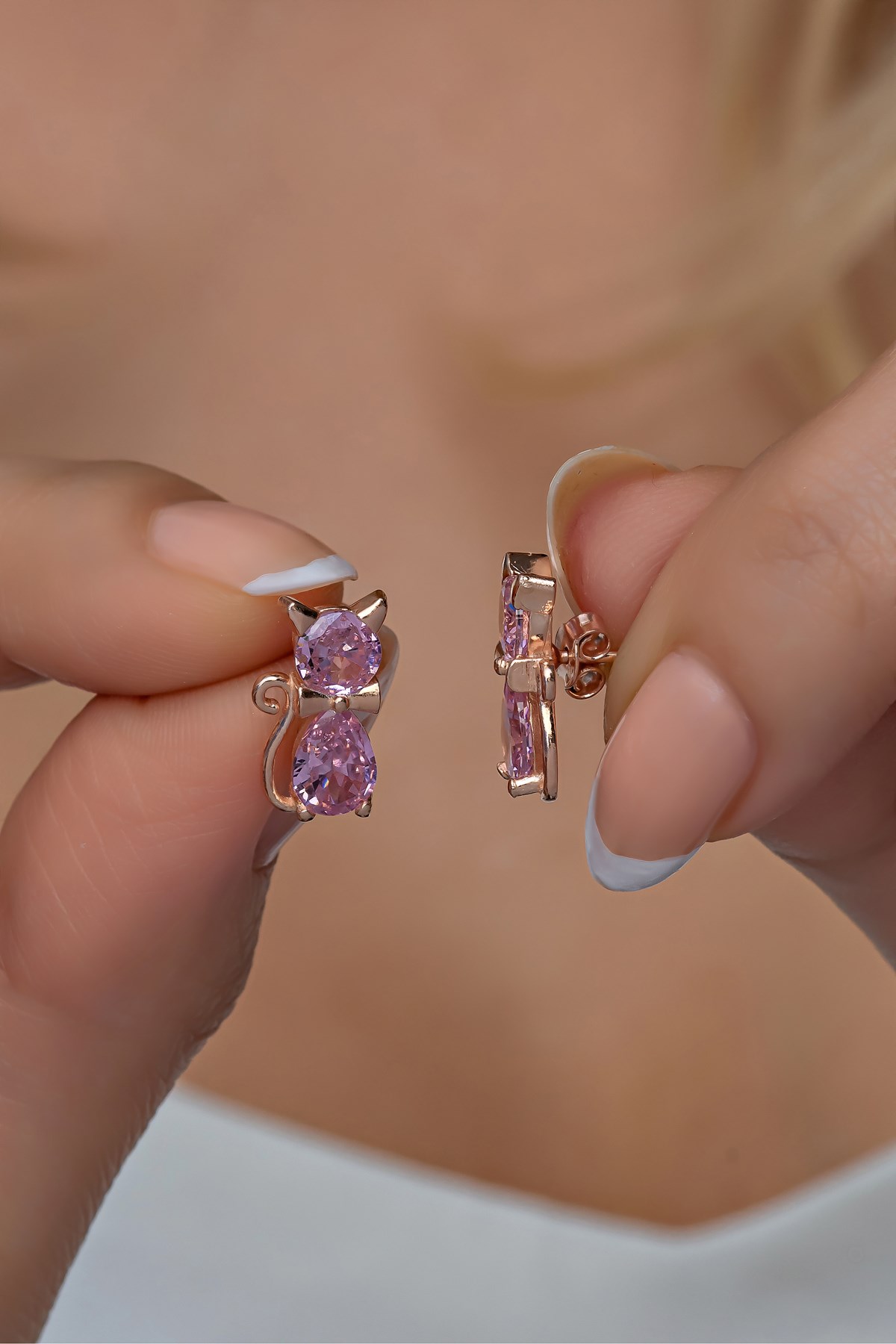 925 Ayar Gümüş Rose Pembe Taşlı Kedi Küpe