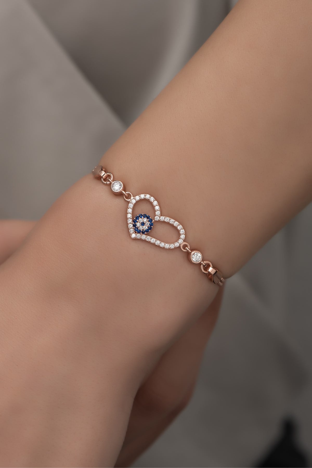 925 Ayar Gümüş Rose Zirkon Taşlı Nazar Kalp Bileklik