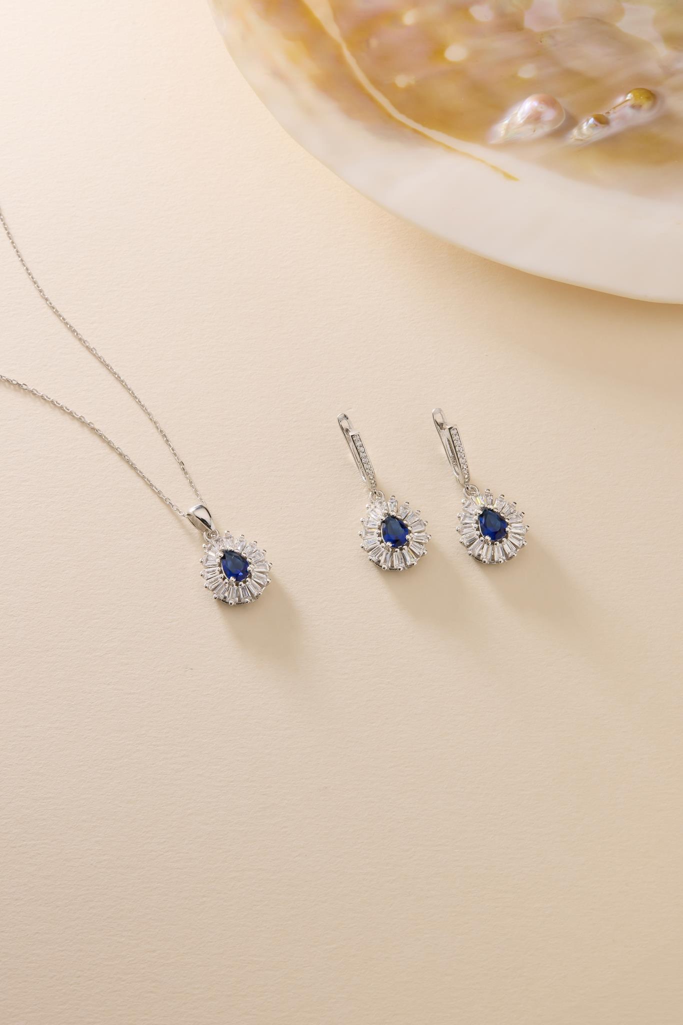 925 Ayar Gümüş Set Rodyum Kaplama Damla Mavi Taşlı Kolye ve Küpe