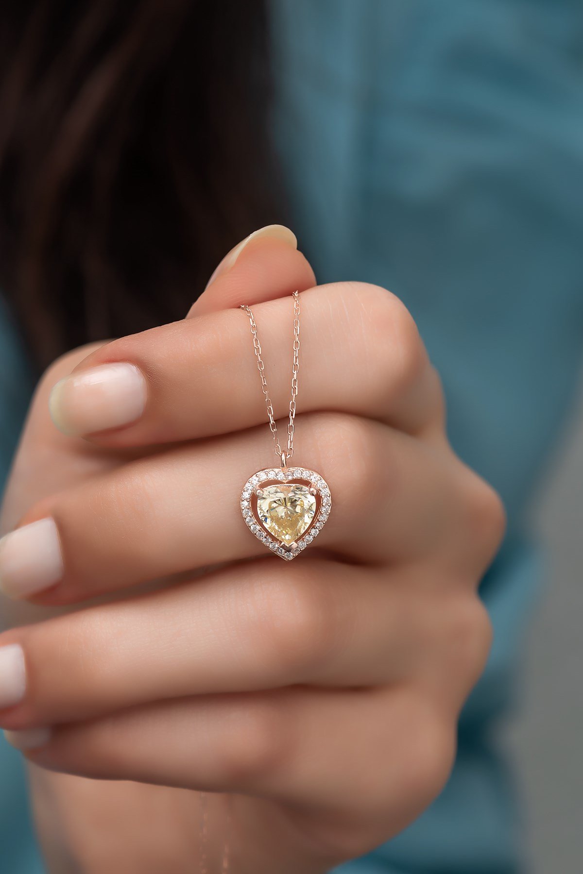 925 Ayar Gümüş Sitrin Taşlı Kalp Model Kolye