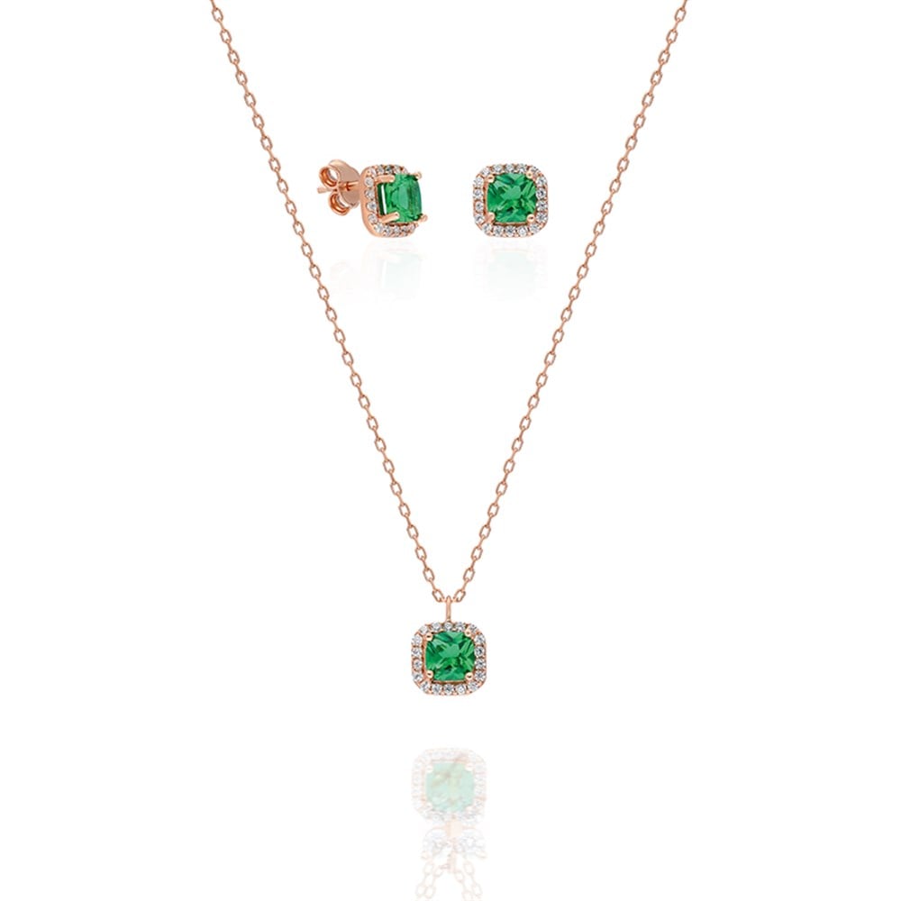 925 Ayar Gümüş Yeşil Kare Tasarım Küpe ve Kolye Set 