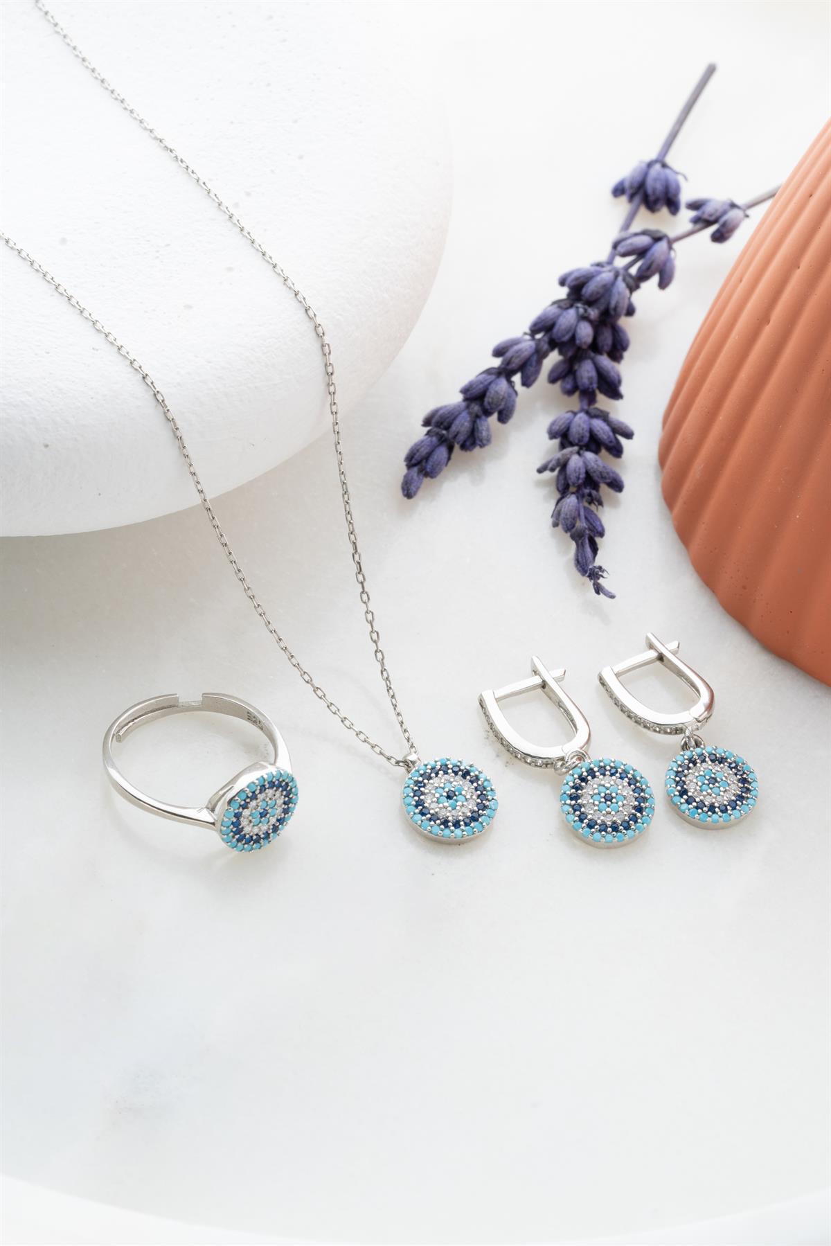 925 Ayar Gümüş Yuvarlak Nazar Model Küpe Yüzük Ve Kolye Set