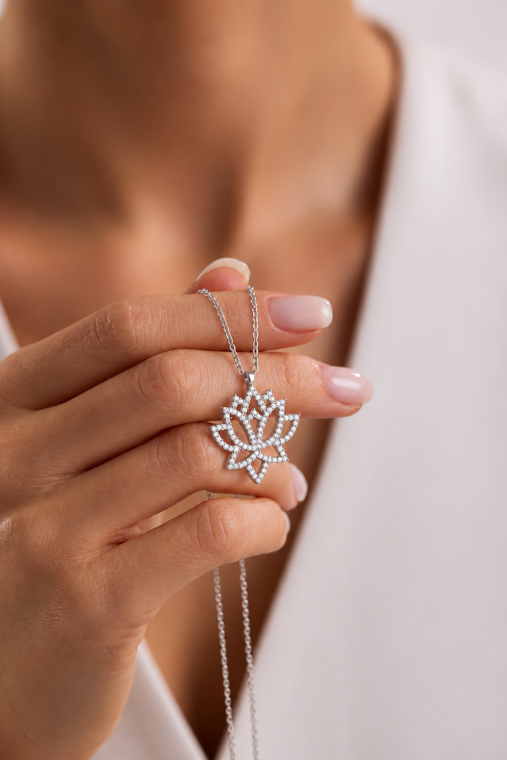 925 Ayar Gümüş Zirkon Taşlı Rodyum Kaplama Lotus Çiçeği Tasarım Kolye
