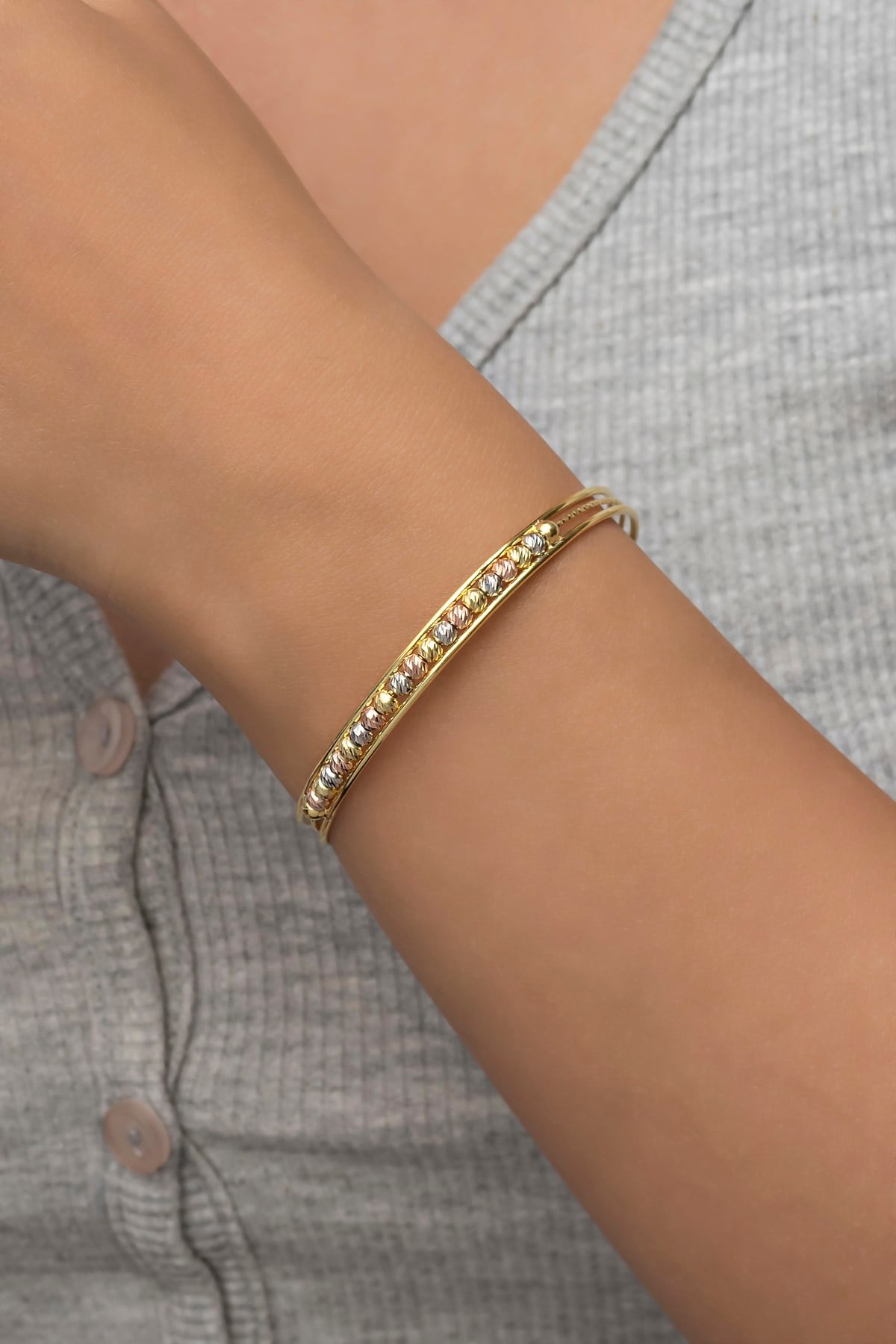 925 Ayar Minik Dorika Toplu Tasarım Gold 3 Sıra Bileklik Gümüş Bilezik