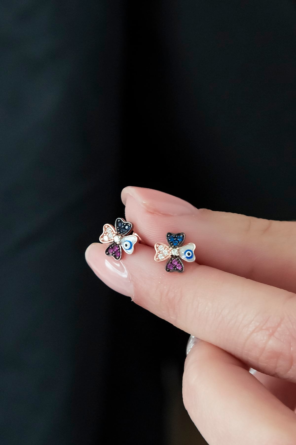 925 Ayar Minik Mineli Yonca Küpe Kadın Gümüş Küpe