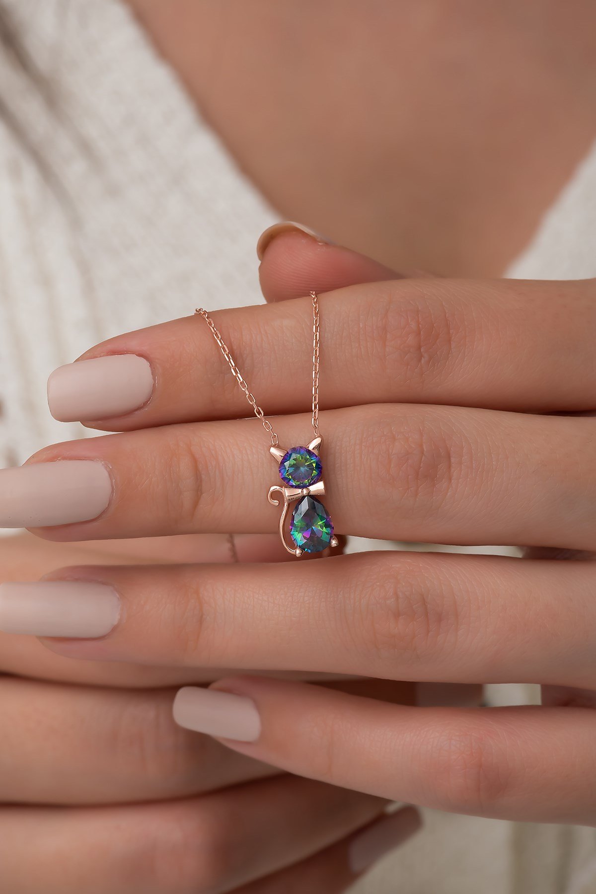 925 Ayar Mistik Topaz Taşlı Kedi Kolye Kadın Gümüş Kolye 