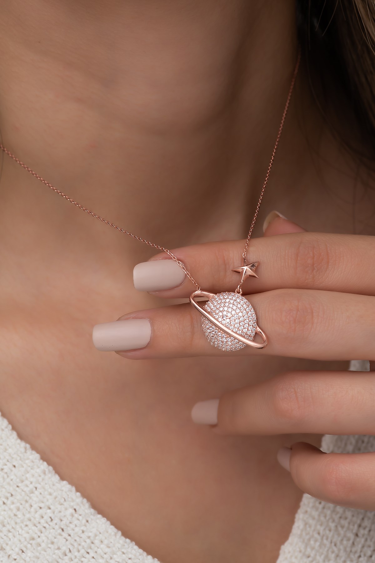 925 Ayar Rose Kaplama Gezegen Kolye Kadın Gümüş Kolye 