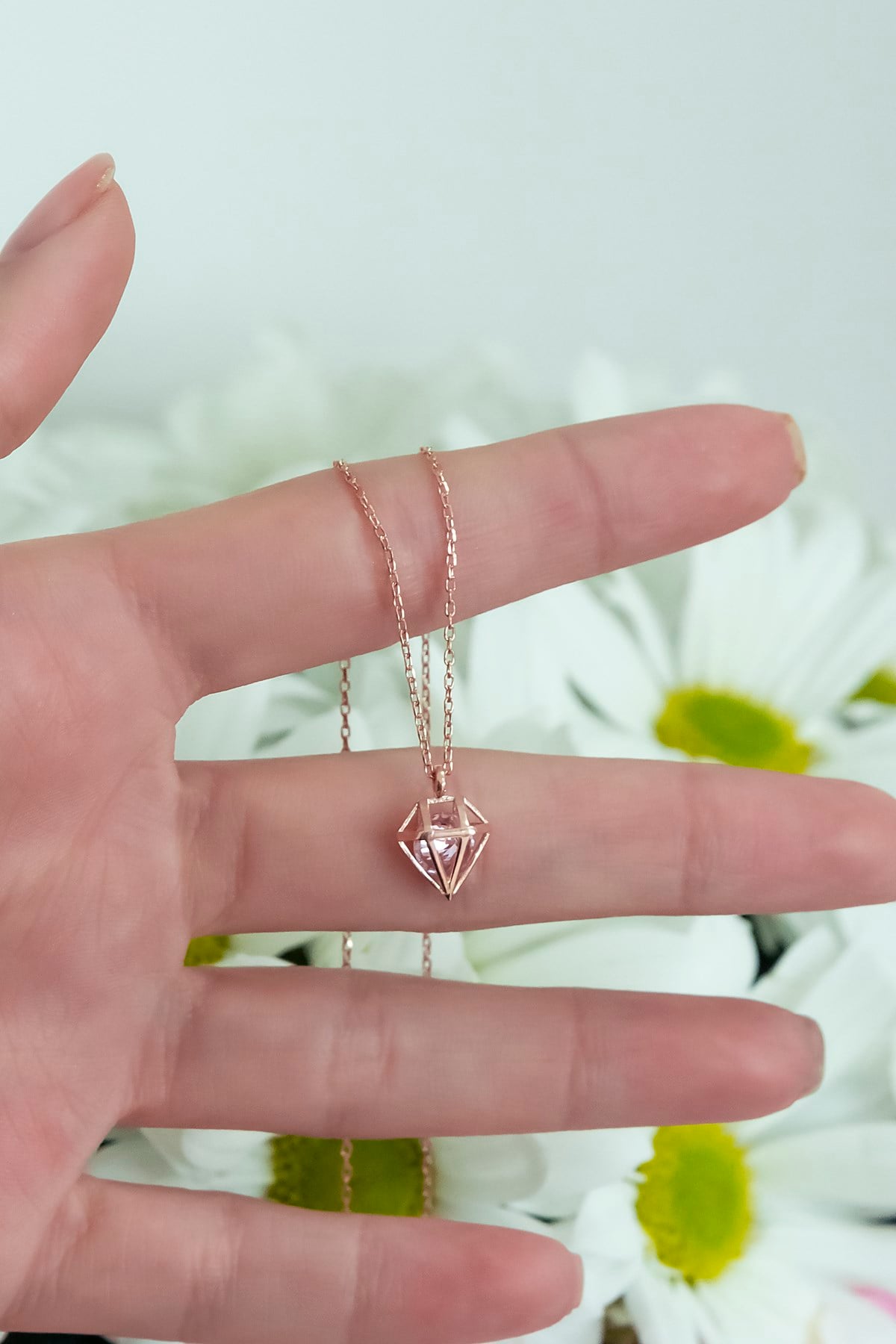 925 Ayar Şık Tasarım Pembe Taşlı Kolye Kadın Gümüş Kolye