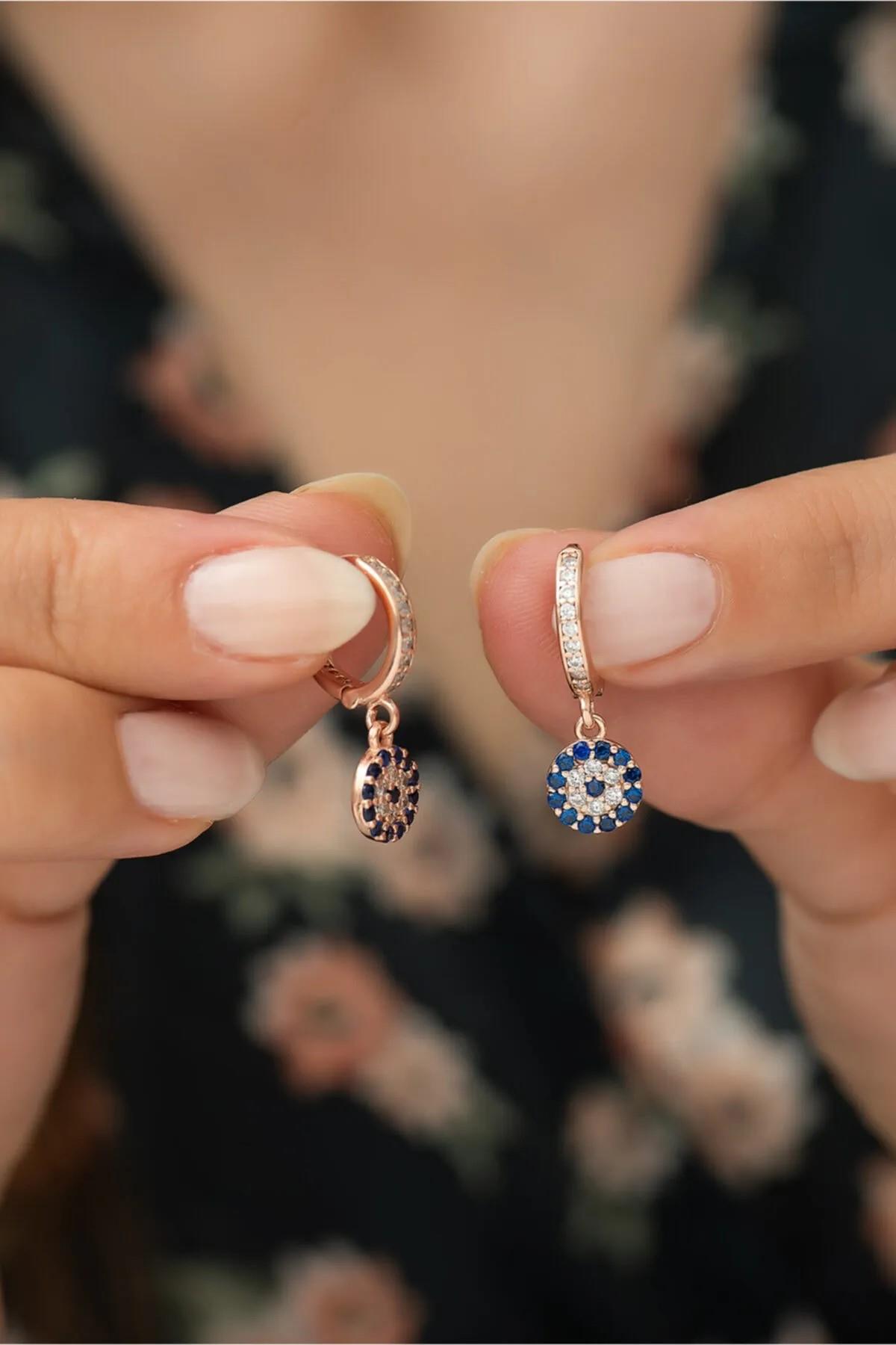 925 Ayar Yuvarlak Nazar Çift Küpe Kadın Gümüş Küpe