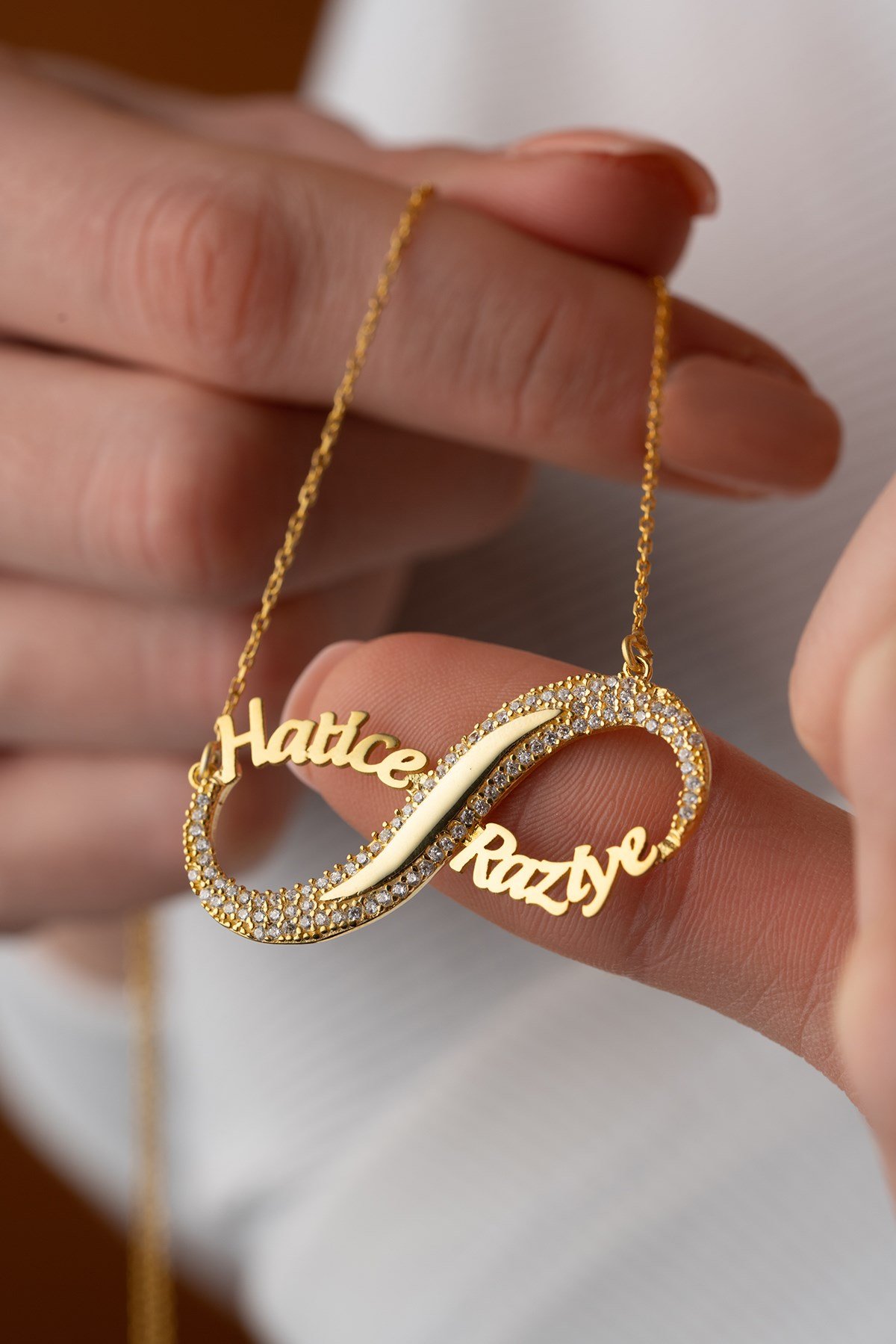 Kişiye Özel İki İsimli Zirkon Taşlı Sonsuzluk Kolye