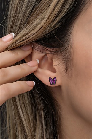 925 Ayar Gümüş Rose Pembe Taşlı Kelebek Küpe
