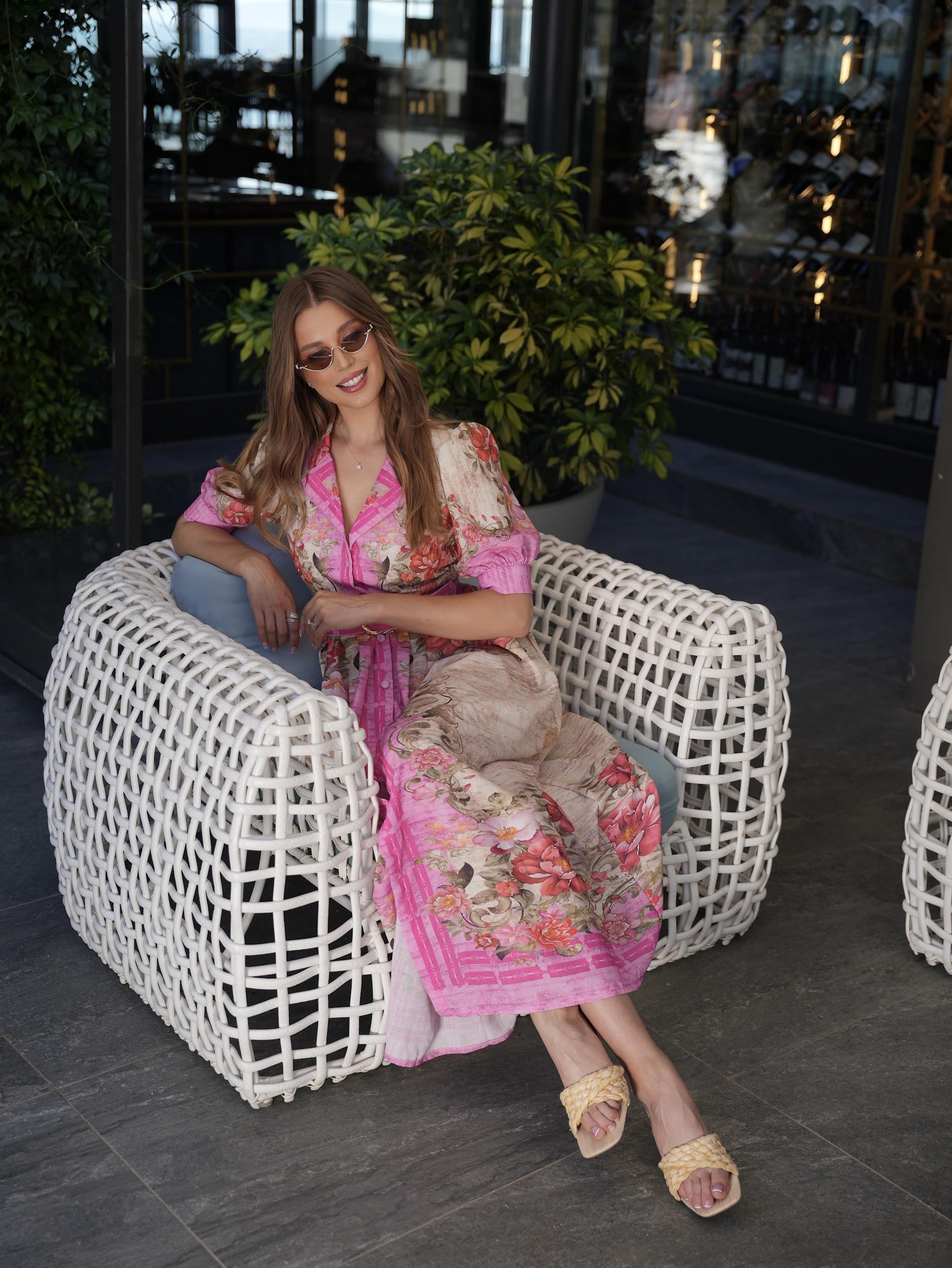Florederelle Pembe Çiçek Desen Karpuz Kol Uzun Elbise