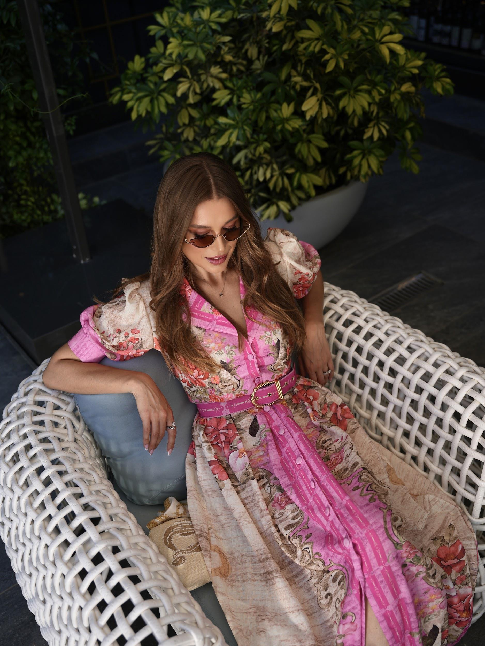 Florederelle Pembe Çiçek Desen Karpuz Kol Uzun Elbise