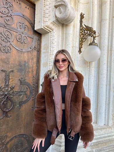 Acı Kahve Kısa Deri Kürk Kaban