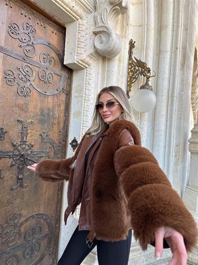 Acı Kahve Kısa Deri Kürk Kaban