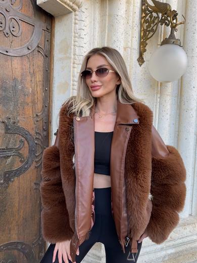 Acı Kahve Kısa Deri Kürk Kaban