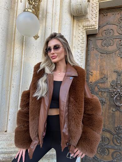 Acı Kahve Kısa Deri Kürk Kaban