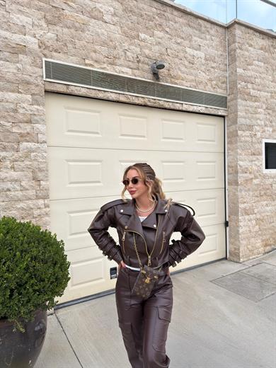 Acı Kahve Kol Kemerli Deri Ceket