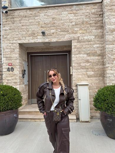 Acı Kahve Kol Kemerli Deri Ceket