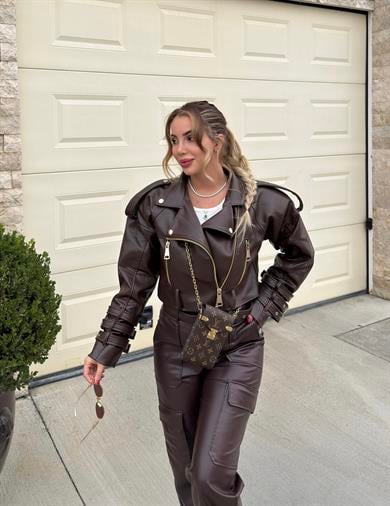 Acı Kahve Kol Kemerli Deri Ceket