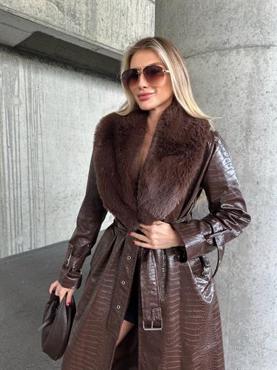 Acı Kahve Uzun Kroko Kürklü Deri Kaban