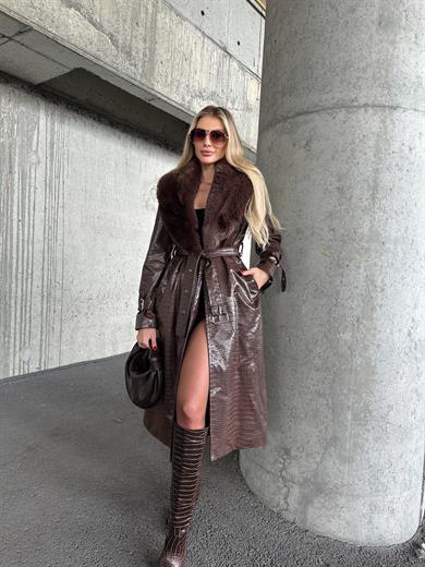 Acı Kahve Uzun Kroko Kürklü Deri Kaban