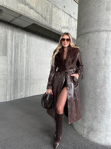 Acı Kahve Uzun Kroko Kürklü Deri Kaban