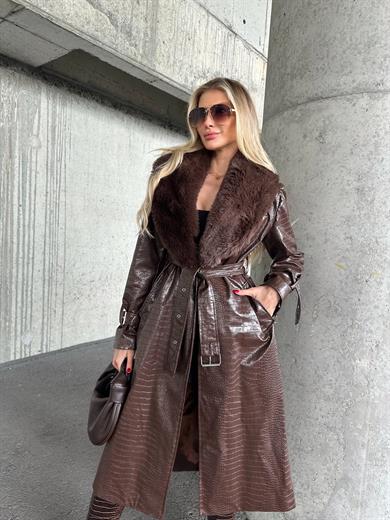 Acı Kahve Uzun Kroko Kürklü Deri Kaban