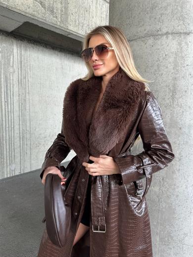 Acı Kahve Uzun Kroko Kürklü Deri Kaban