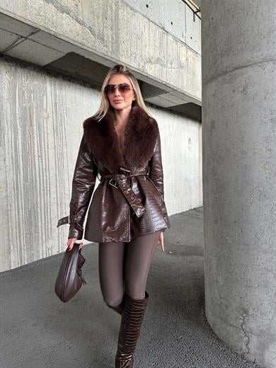 Acı kahve Kısa Kroko Kürklü Deri Kaban