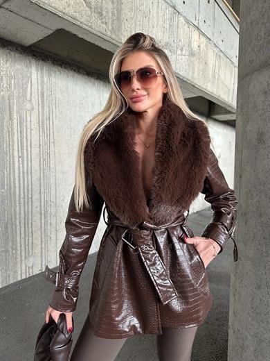 Acı kahve Kısa Kroko Kürklü Deri Kaban