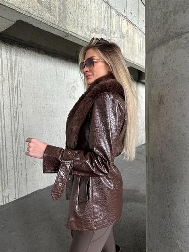 Acı kahve Kısa Kroko Kürklü Deri Kaban