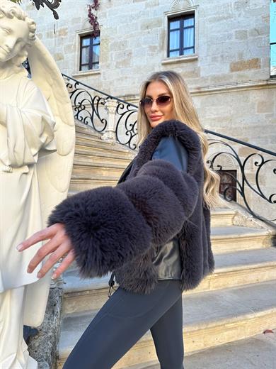 Antrasit Kısa Deri Kürk Kaban