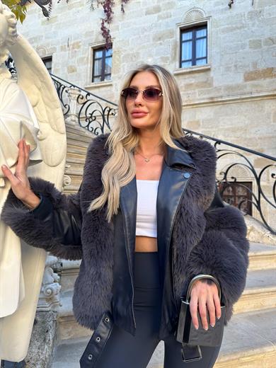 Antrasit Kısa Deri Kürk Kaban